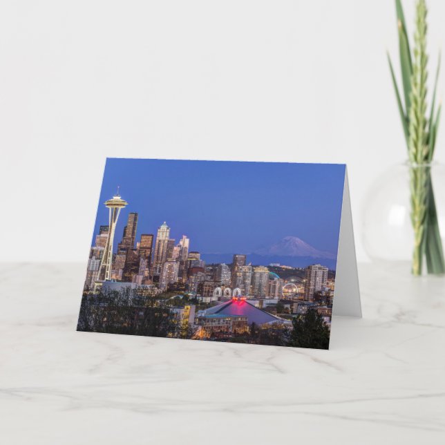 Seattle, Downtown and Mt. Rainier at Twilight Card (Front)