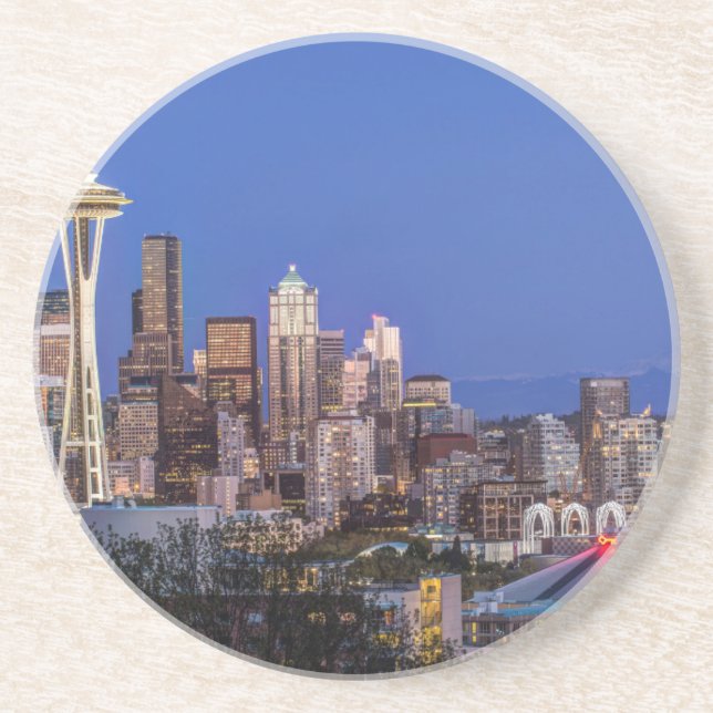 Seattle, Downtown and Mt. Rainier at Twilight Coaster (Front)