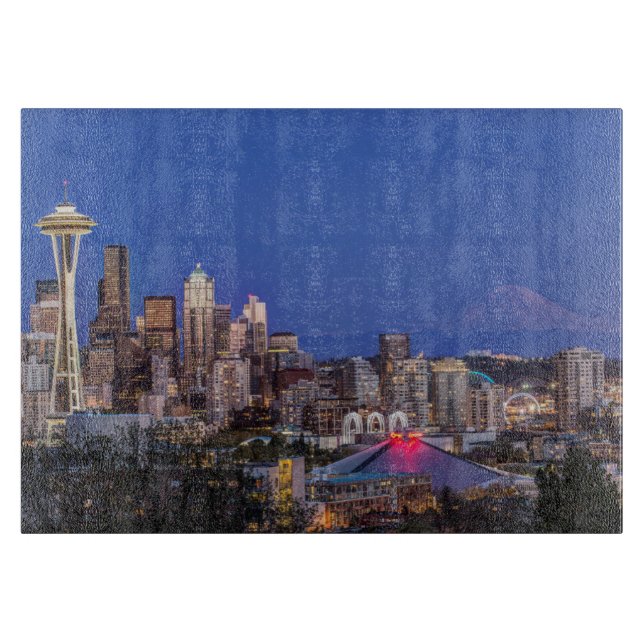 Seattle, Downtown and Mt. Rainier at Twilight Cutting Board (Front)