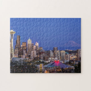 Seattle, Downtown and Mt. Rainier at Twilight Jigsaw Puzzle