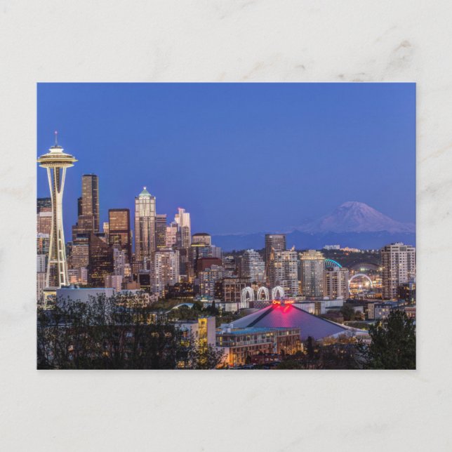 Seattle, Downtown and Mt. Rainier at Twilight Postcard (Front)