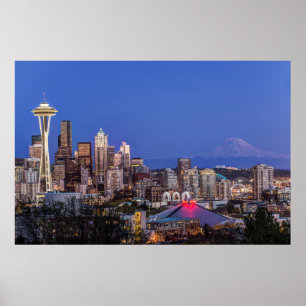 Seattle, Downtown and Mt. Rainier at Twilight Poster