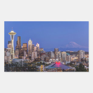 Seattle, Downtown and Mt. Rainier at Twilight Rectangular Sticker