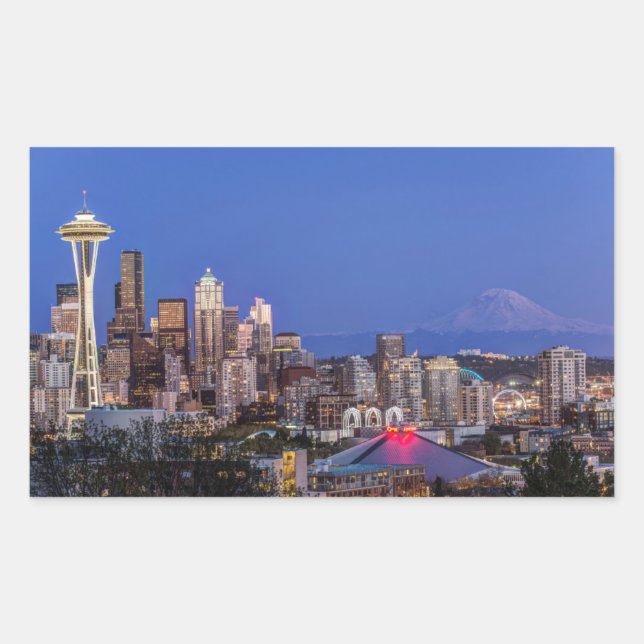 Seattle, Downtown and Mt. Rainier at Twilight Rectangular Sticker (Front)