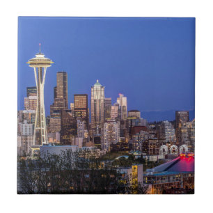 Seattle, Downtown and Mt. Rainier at Twilight Tile