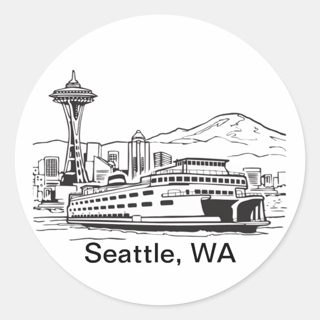 Seattle Ferry & Skyline Line Art Washington State Classic Round Sticker (Front)