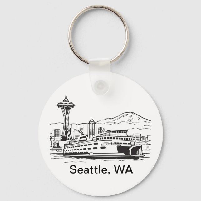 Seattle Ferry & Skyline Line Art Washington State Key Ring (Front)