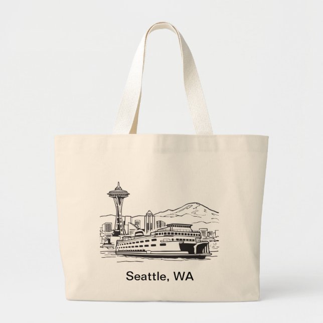 Seattle Ferry & Skyline Line Art Washington State Large Tote Bag (Front)