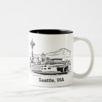 Seattle Ferry & Skyline Line Art Washington State
