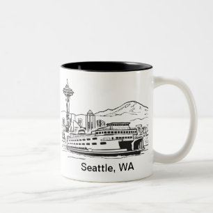 Seattle Ferry & Skyline Line Art Washington State Two-Tone Coffee Mug