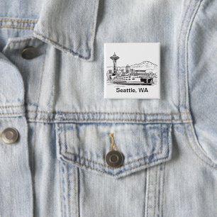 Seattle Ferry & Skyline Washington State Line Art 15 Cm Square Badge