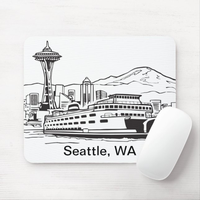 Seattle Ferry & Skyline Washington State Line Art  Mouse Pad (With Mouse)