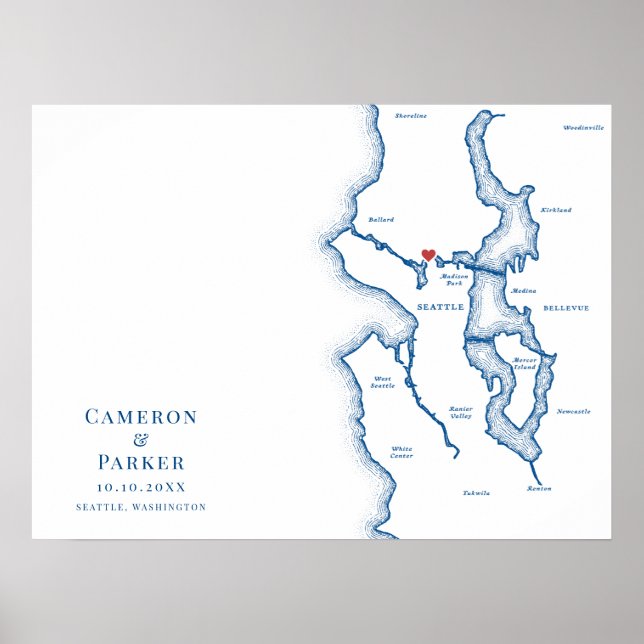 Seattle Map Navy Blue Wedding Guest Book Poster (Front)