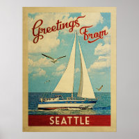 Seattle Sailboat Vintage Travel Washington