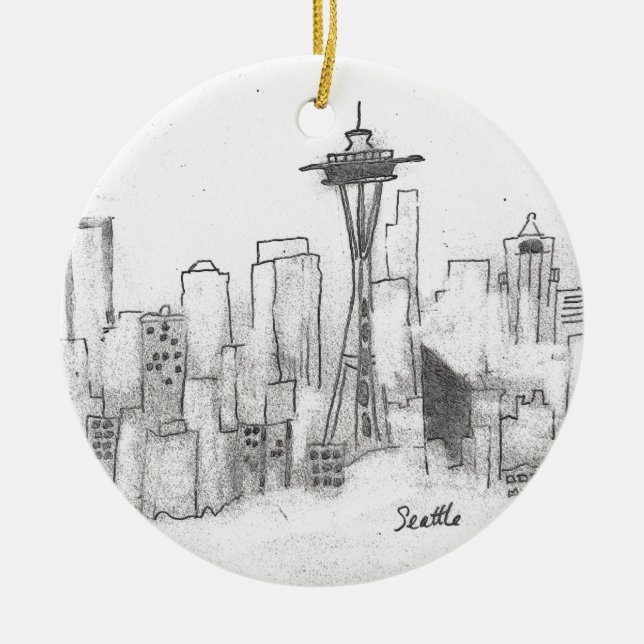 Seattle Sketch Ceramic Tree Decoration (Front)