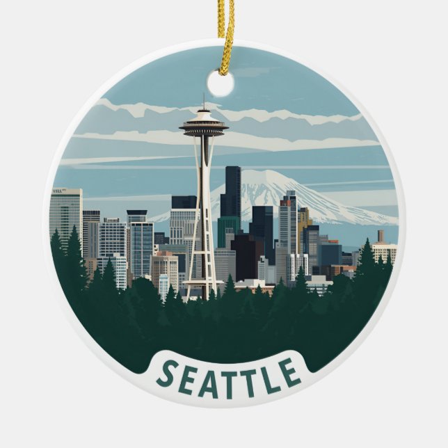 Seattle Skyline and Mount Rainier Ceramic Ornament (Front)