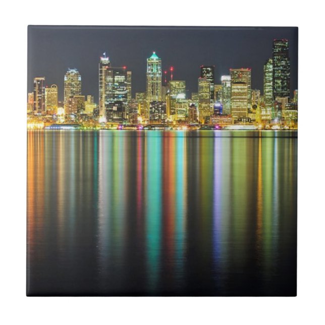 Seattle skyline at night with reflection ceramic tile (Front)