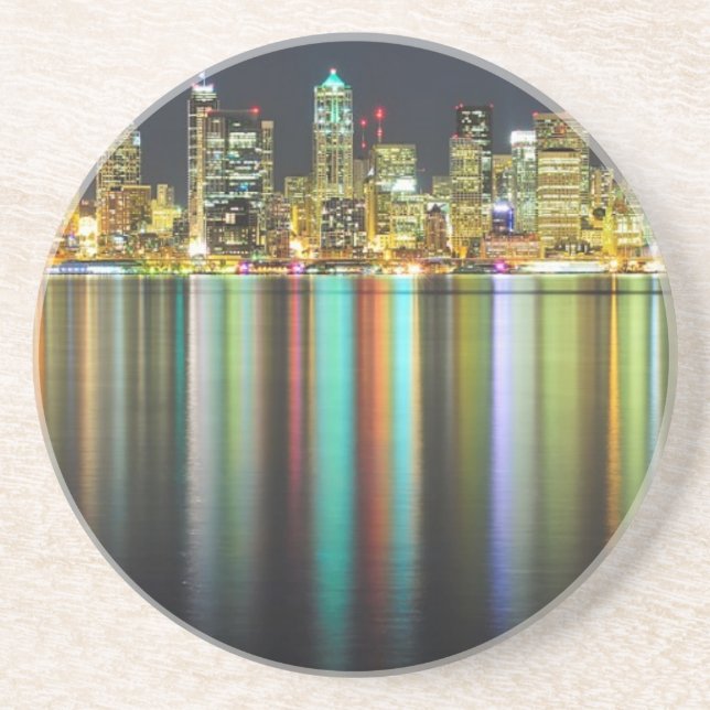 Seattle skyline at night with reflection coaster (Front)