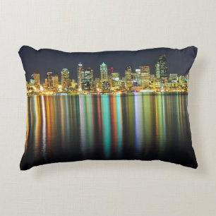 Seattle skyline at night with reflection decorative cushion