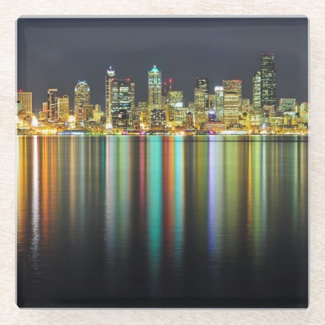 Seattle skyline at night with reflection glass coaster (Front)