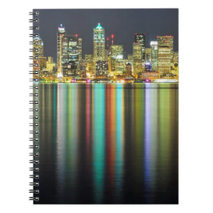 Seattle skyline at night with reflection notebook