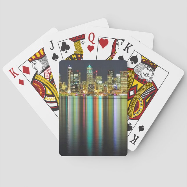 Seattle skyline at night with reflection playing cards (Back)