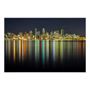 Seattle skyline at night with reflection poster