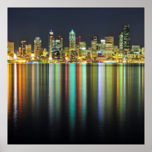 Seattle skyline at night with reflection poster