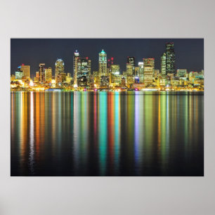 Seattle skyline at night with reflection poster