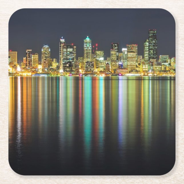 Seattle skyline at night with reflection square paper coaster (Front)