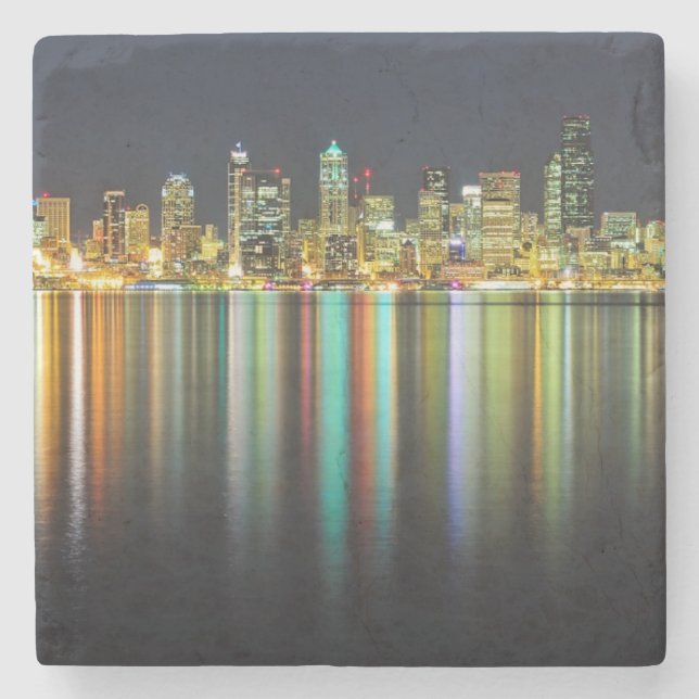 Seattle skyline at night with reflection stone coaster (Front)