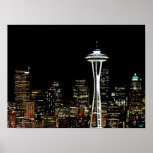 Seattle skyline at night, with Space Needle. Poster