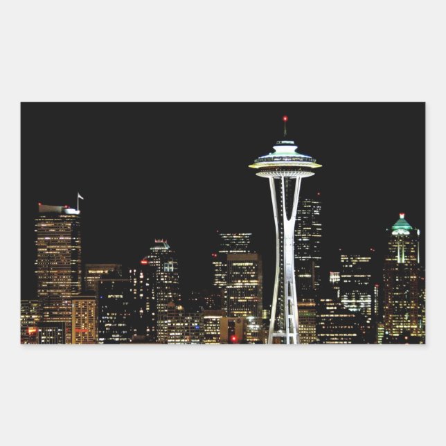 Seattle skyline at night, with Space Needle. Rectangular Sticker (Front)