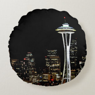 Seattle skyline at night, with Space Needle. Round Cushion