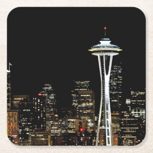 Seattle skyline at night, with Space Needle. Square Paper Coaster