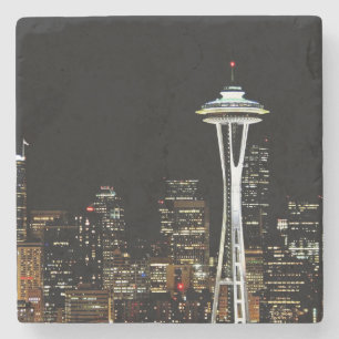 Seattle skyline at night, with Space Needle. Stone Coaster