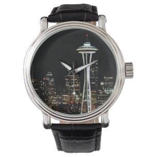 Seattle skyline at night, with Space Needle. Watch