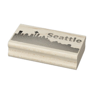 Seattle skyline graphic in black and white rubber stamp