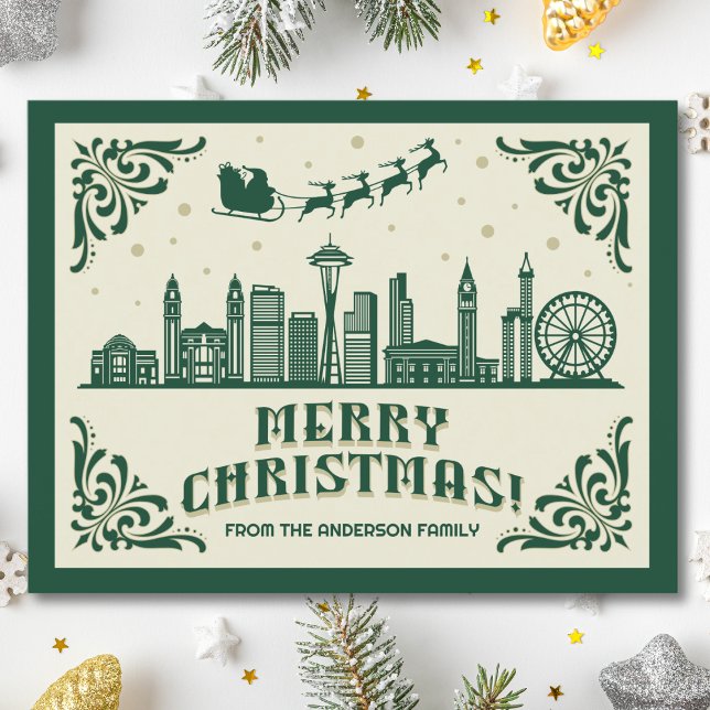 Seattle Skyline Green Christmas Holiday Postcard (Seattle, WA skyline christmas card green modern merry christmas postcard with custom details)
