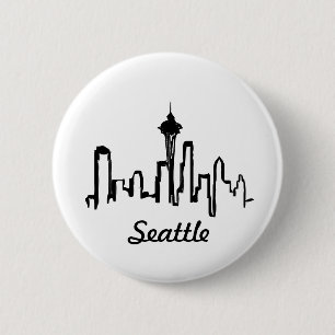 seattle skyline in black ink 6 cm round badge