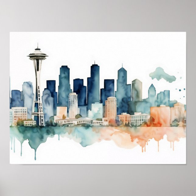 Seattle Skyline in Watercolor hues Poster (Front)