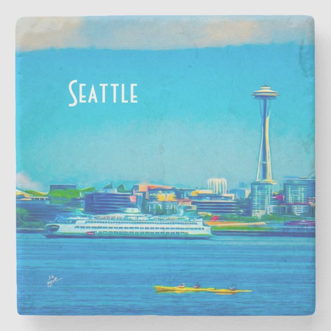 Seattle Skyline Modern Watercolor Photography Stone Coaster (Front)