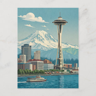 Seattle Skyline & Mount Rainier Retro Postcard