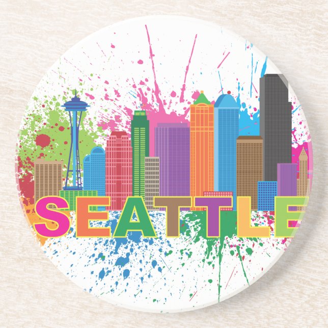 Seattle Skyline Paint Splatter Illustration Coaster (Front)