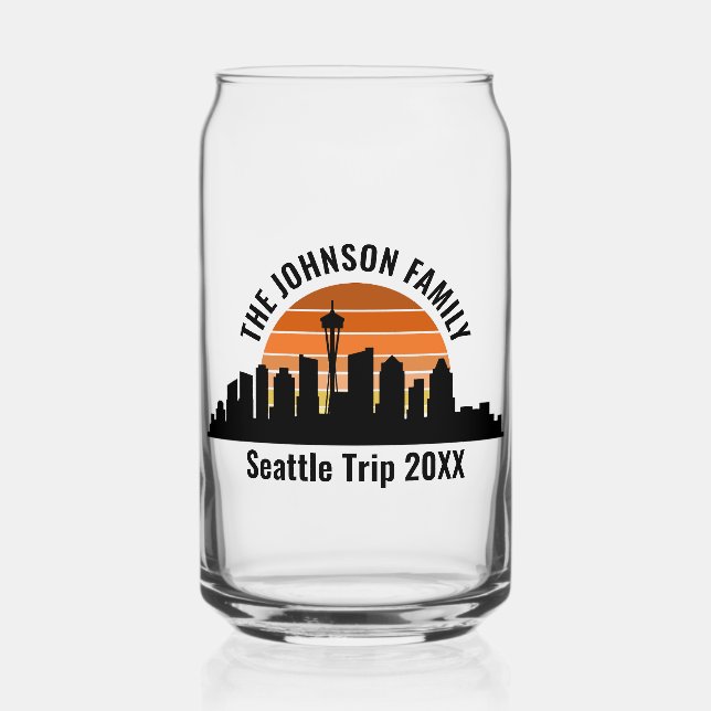 Seattle Skyline Sunset Custom Family Trip Can Glass (Front)