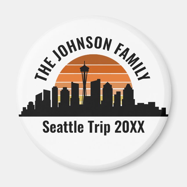 Seattle Skyline Sunset Custom Family Vacation Magnet (Front)