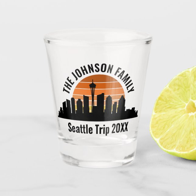 Seattle Skyline Sunset Custom Family Vacation Shot Glass (Front)