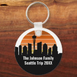 Seattle Skyline Sunset Trip Personalised Key Ring<br><div class="desc">Cool customised Seattle trip souvenir keepsake keychain featuring the city skyline at sunset. A silhouette of the city buildings in Washington,  including the space needle above your personalised text for your family vacation.</div>