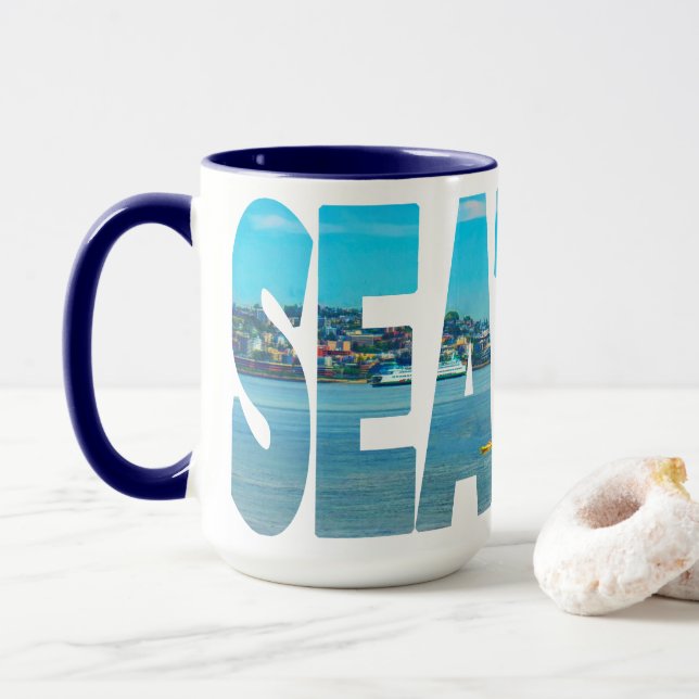 Seattle Skyline Typography Modern Photo Coffee Mug (With Donut)