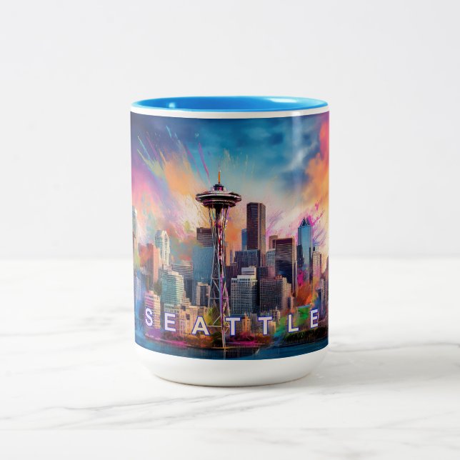 Seattle Skyline Urban City Art  Two-Tone Coffee Mug (Center)